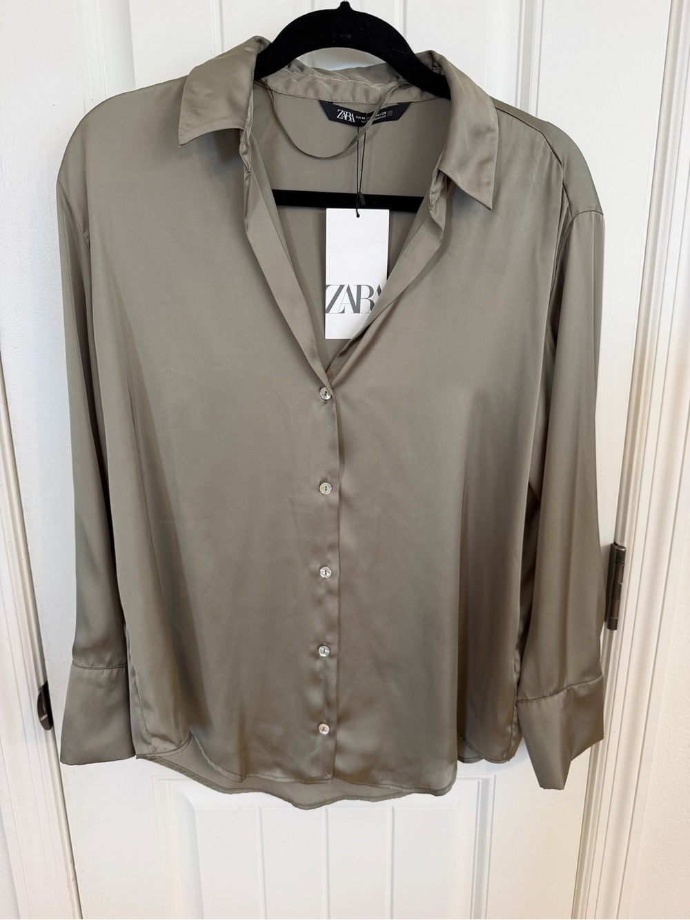 NWT Zara Satin Button Front Blouse Sage Green Medium